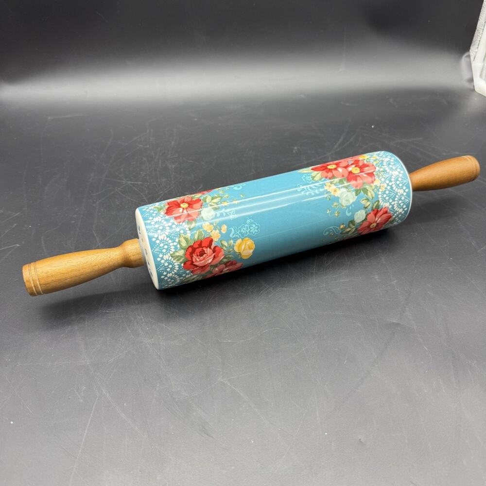Vintage The Pioneer Woman, Teal Floral Ceramic Rolling Pin With Wood Handles ￼